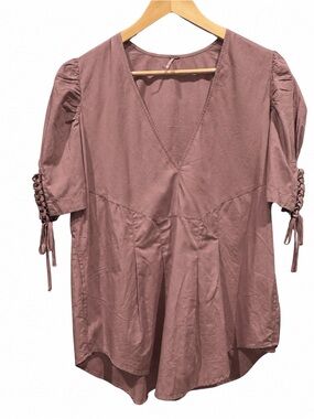Free People Womens Puff Sleeve Lace Up Tunic Blouse Terracotta Brown Cotton XS
